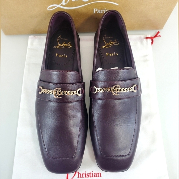 NWT$1095 Louboutin MJ Moc Brown Leather Chain Red Sole Flat Loafers Sz 36.5, 6.5 - Picture 2 of 16